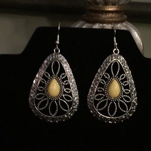 Silver Tone and Yellow Stone Earrings